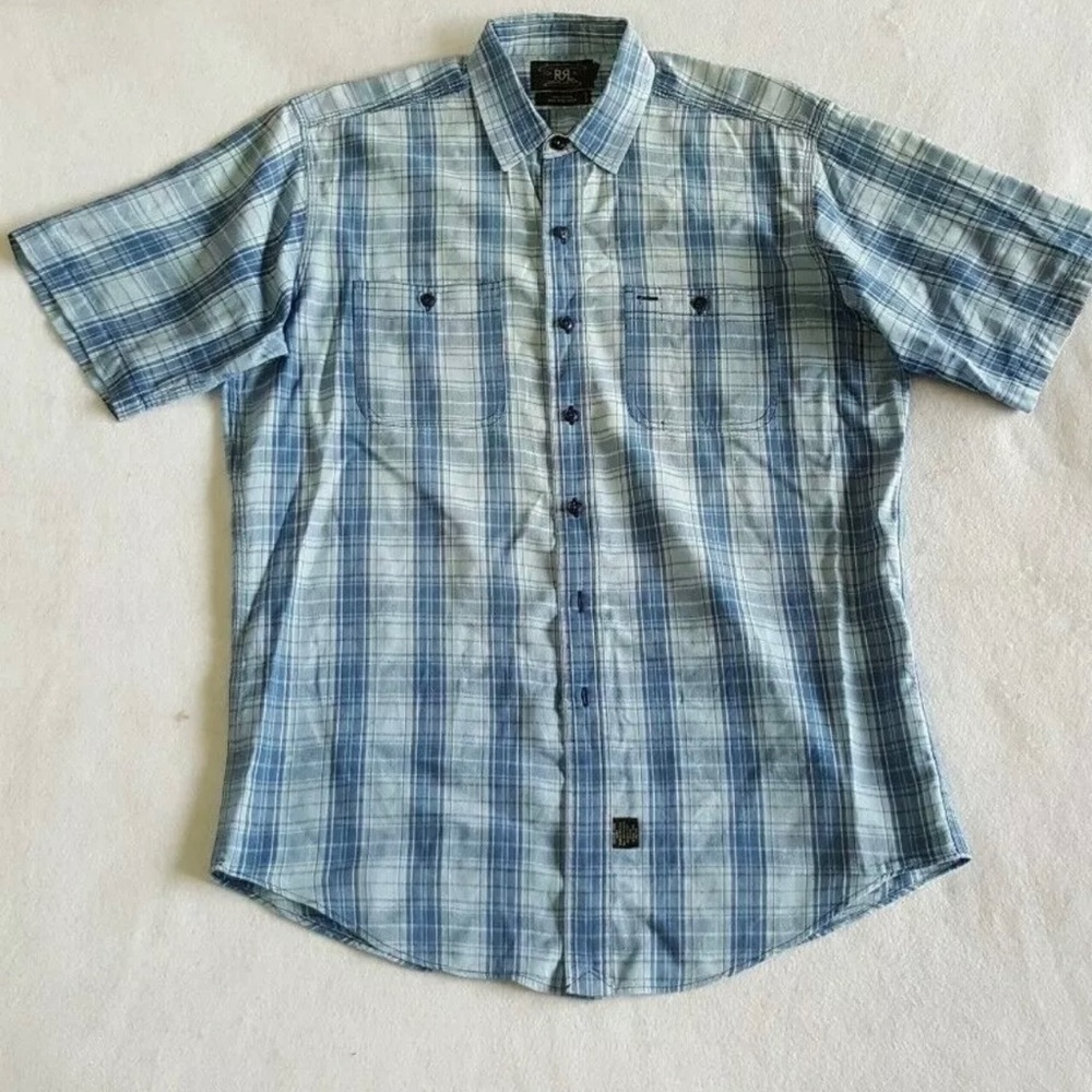 Ralph Lauren RRL men shirt. Short sleeve. Blue plaid.  Size L, but runs big